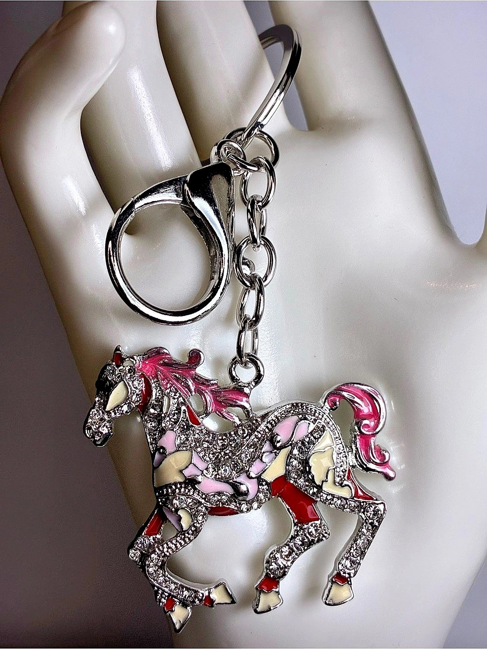 Horse Charm Keychain Bag Charm in Silver & Pink Rhinestone New Without Tags